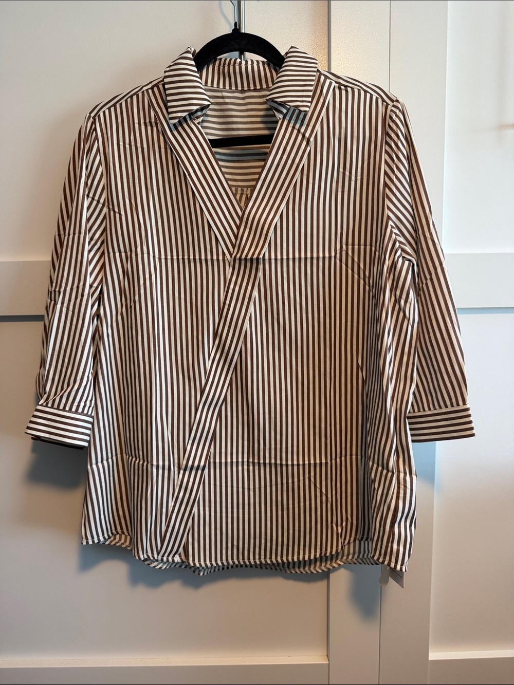 Women's Brown and White Striped Faux Wrap-Front Blouse